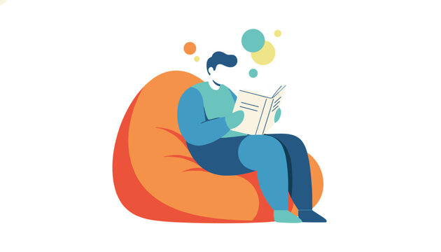 Cozy illustration of a young man reading a book in a comfortable orange bean bag chair under a white sky.