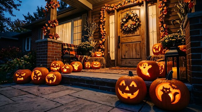 Festive halloween porch with glowing carved pumpkins at dusk