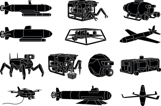 Set of underwater exploration drones and robotic sea vehicles