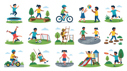 Fototapeta premium Diverse Children Playing Sports and Outdoor Activities, Flat Vector Style