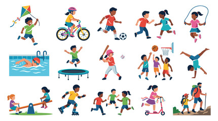 Fototapeta premium Flat vector illustration of children engaged in various sports and healthy outdoor activities.