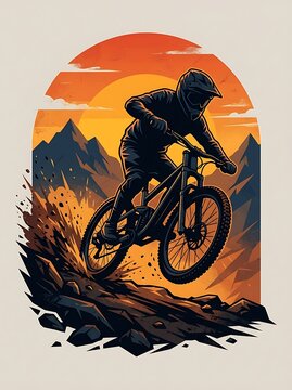 Mountain biker riding downhill on a rocky trail at sunset