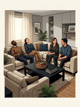 Group of friends relaxing and chatting in a cozy modern living room