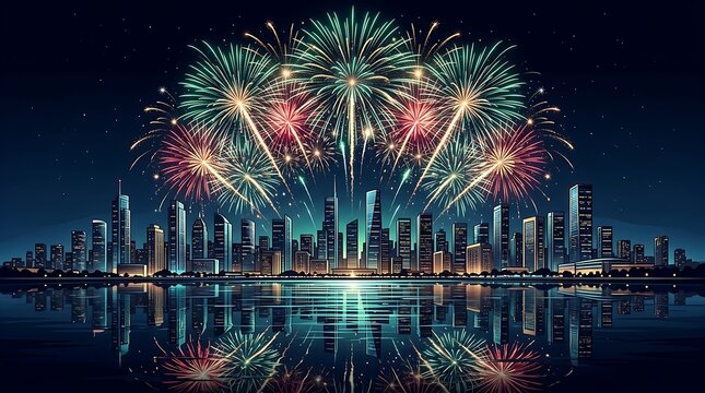 Colorful fireworks exploding over a modern city skyline at night