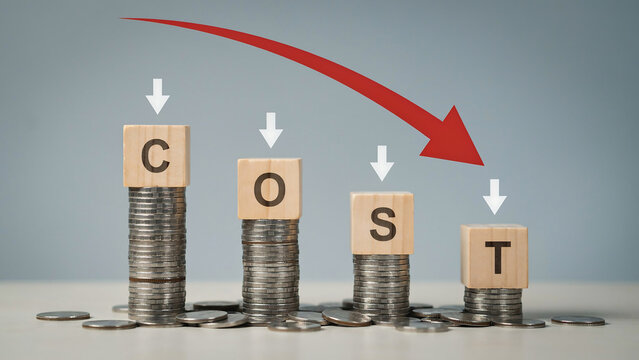 Financial cost reduction visualization with wooden blocks on stacked coins and a red downward arrow reduction decrease business financial spending investment