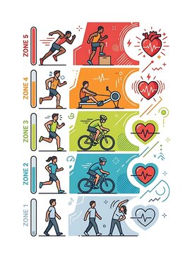 Heart rate training zones infographic with people exercising
