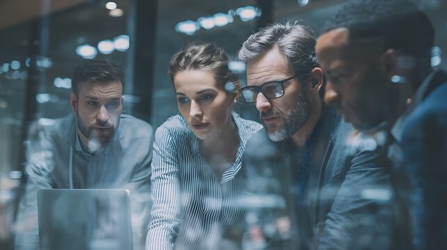 A focused group of diverse professionals collaborates in a modern office environment, discussing strategies and solutions while analyzing data on a laptop for effective decision-ma