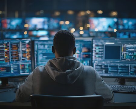 A focused individual working at a modern computer setup, surrounded by multiple screens displaying data analytics and programming interfaces, representing the world of technology a