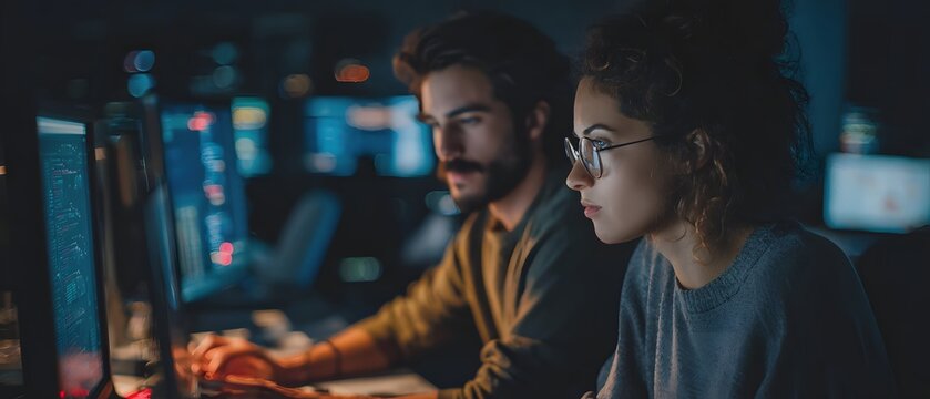 A focused pair of individuals diligently working on computers in a modern tech setting