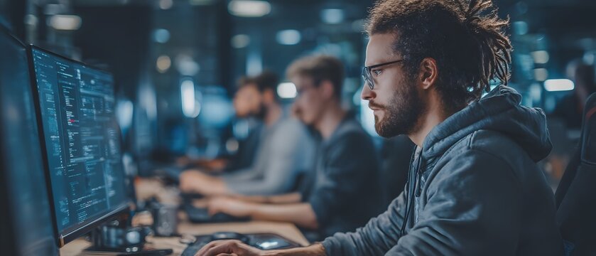 A focused individual engages with advanced technology, analyzing data on dual monitors in a modern workspace, showcasing the intersection of skill and innovation in tech.