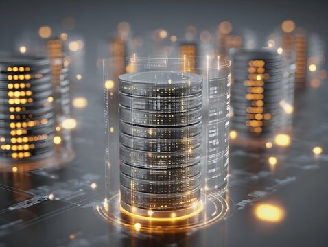 A futuristic digital illustration showcasing stacked coins with illuminated patterns, symbolizing finance, investment, and technology in an interconnected economy.