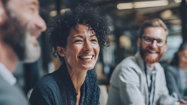 A group of diverse professionals share a joyful moment during a meeting, highlighting collaboration and positive workplace dynamics. Laughter brings energy to their teamwork.