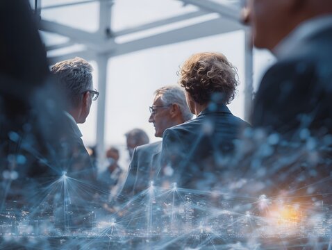A group of professionals engaged in discussion at a modern conference, showcasing collaboration and networking