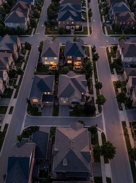 Aerial view of suburban neighborhood houses at dusk