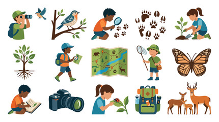 Fototapeta premium Nature Exploration Icons: Children, Animals, and Outdoor Activities Flat Style