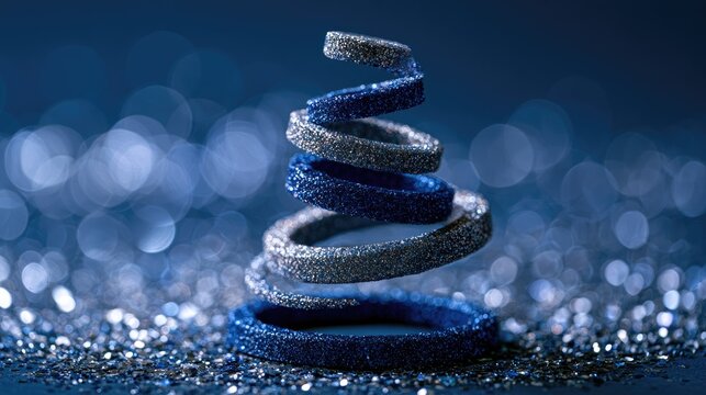 Glittering spiral tree on dark blue bokeh background, festive