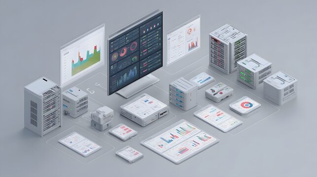 A modern workspace featuring digital displays with graphs, data reports, and analytics tools. Ideal for illustrating business efficiency, data analysis, and technology trends.