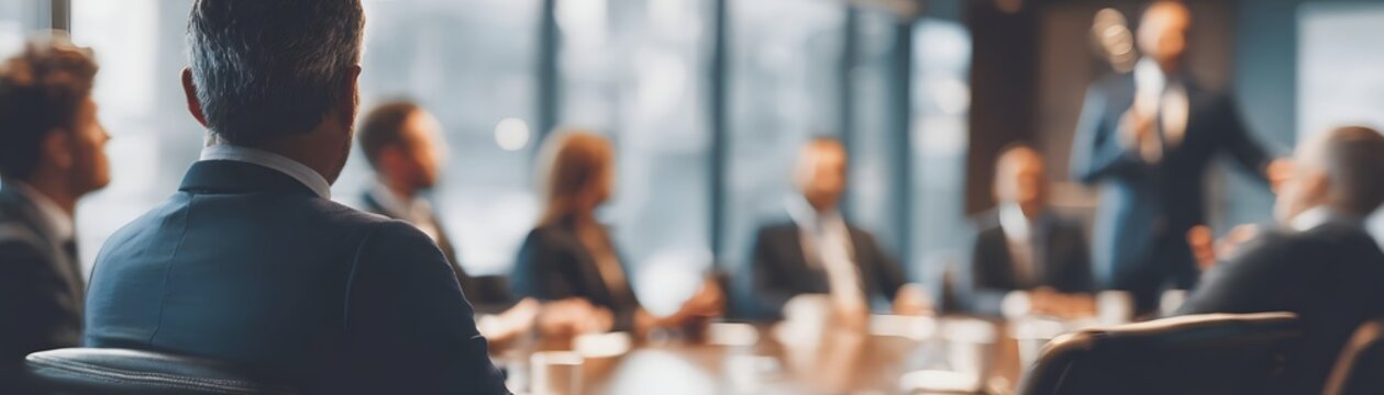A professional meeting in a modern conference room. Attendees engage attentively as a speaker presents insights. A collaborative atmosphere fosters innovative ideas and solutions.