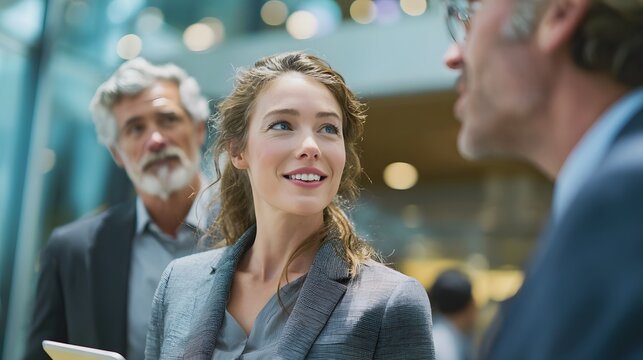 A professional meeting setting where a confident woman engages with two men