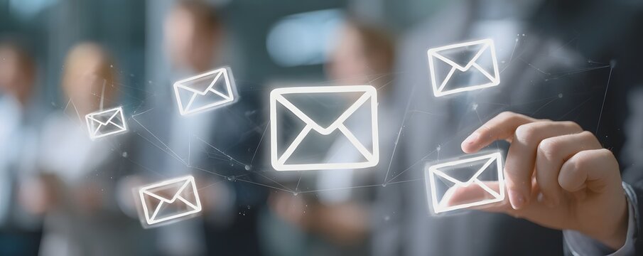 A professional setting with individuals interacting with digital email notifications. The scene captures the essence of modern communication and collaboration in the workplace.