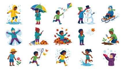 Fototapeta premium Children Seasonal Activities Flat Vector Illustration Set. Kids Playing in Spring, Summer, Autumn, Winter Weather