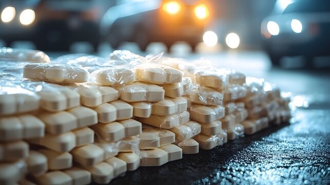 Stack of packaged white pills on wet pavement at night with blurred police cars in background capturing drug distribution scene under tense street lighting, elegantly showcasing sting.