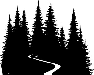 Black and White Silhouette of a Winding Path Through a Pine Forest © Rezowan 