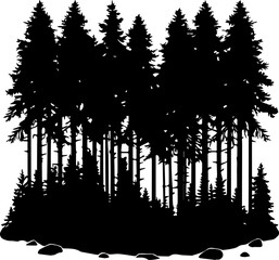Black Silhouette of Pine Forest Landscape with Coniferous Trees and Fir Woodland Vector Illustration © Rezowan 