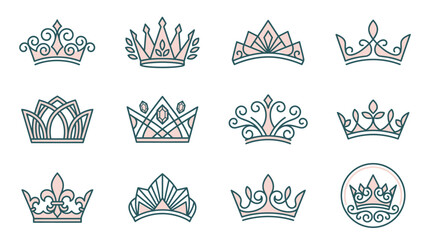 Collection of twelve minimalist feminine luxury crown and tiara icons featuring rose gold accents, fleur-de-lis motifs, floral swirls, and geometric royal headpiece designs on a white background. © ROUDLOTUTTHULLAB