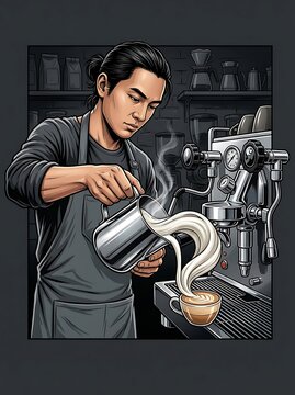 Barista pouring steamed milk to create latte art in a cafe