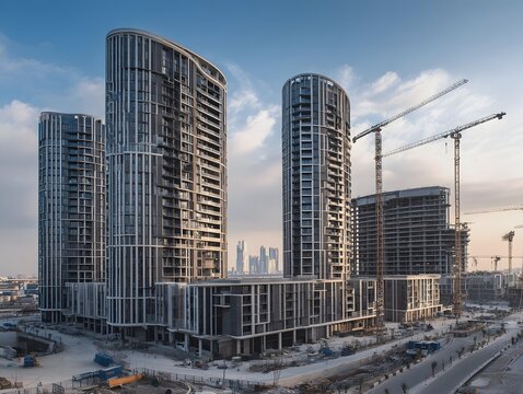 A stunning view of contemporary skyscrapers under construction, showcasing modern architecture and urban development against a clear sky, symbolizing progress and innovation.
