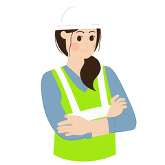 Smiling female construction worker in white hard hat  neon green safety vest. Perfect for construction industry advertisements  safety materials.