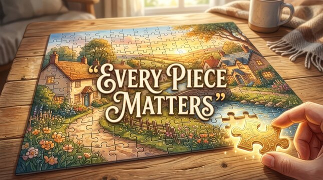 Hand completing a beautiful countryside jigsaw puzzle with cottage and stream at golden hour, inspirational message