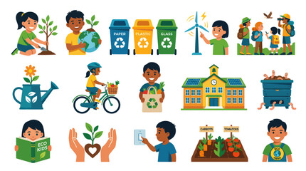 Fototapeta premium Eco-Friendly Kids Activities Flat Vector Illustration Set for Environmental Education and Sustainable Living