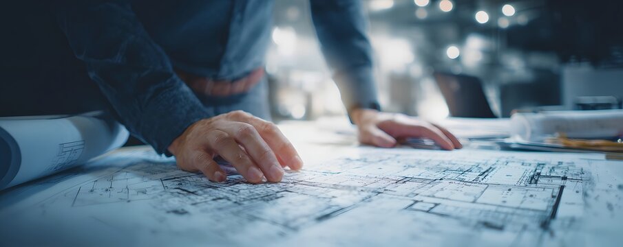 An architect analyzes detailed blueprints on a workspace, showcasing a focus on urban development and design processes. The image captures the essence of creativity and precision.