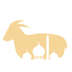 Eid aladha celebration with goat silhouette, mosque domes, minaret, and a light yellow background. Perfect for holiday greetings and religiousthemed projects. © Sawah Maya