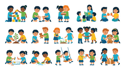 Fototapeta premium Happy Diverse Preschool Kids Playing Learning and Sharing Social Activities Flat Vector Illustration