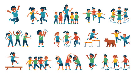 Fototapeta premium Flat Vector Illustration of Active Diverse Kids Playing and Exercising for Child Development and Education.
