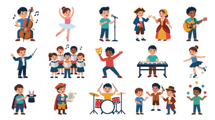 Fototapeta premium Children Performing Arts Flat Vector Illustration Set. Kids Playing Music, Dancing, Acting, Learning Magic