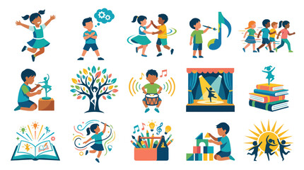 Fototapeta premium Children's Art Activities: Music, Dance, Reading, and Creativity Flat Icons