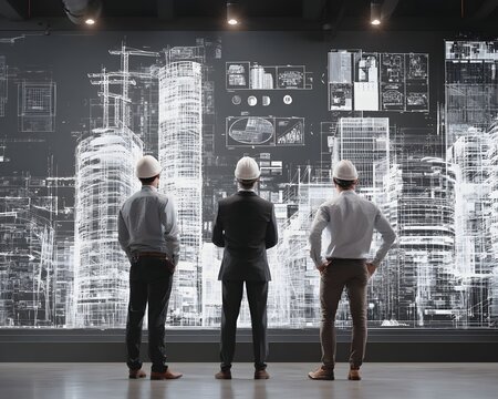 Three professionals in hard hats observe digital blueprints of a futuristic city, showcasing innovative architecture and advanced technology in a modern workspace environment.