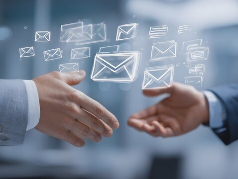 Two business professionals engage in a handshake, signifying partnership. Digital mail icons symbolize communication and collaboration in the modern workplace.