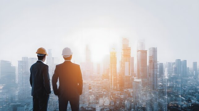 Two business professionals oversee a city skyline during sunrise, showcasing progress and development in urban architecture. A moment of reflection on future ventures.