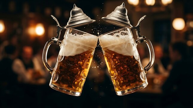 Clinking glass beer steins with foam splashing in a tavern