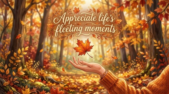 Autumn forest scene with hand catching falling maple leaf, inspirational quote "Appreciate life's fleeting moments"