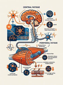 Medical infographic showing central and peripheral fatigue mechanisms
