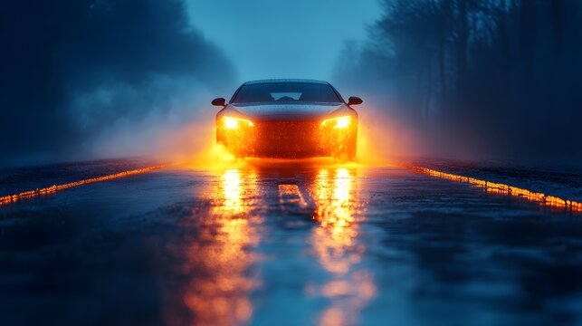 A sleek car swerves on a dark, wet road at night with headlights illuminating rain-slicked pavement and misty surroundings emphasizing dangerous driving under influence DUI concept.