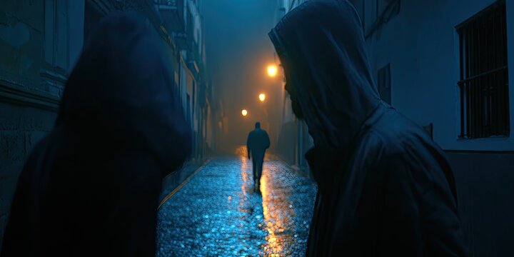 Two hooded figures in a dark alley watch a lone person walking away in the fog