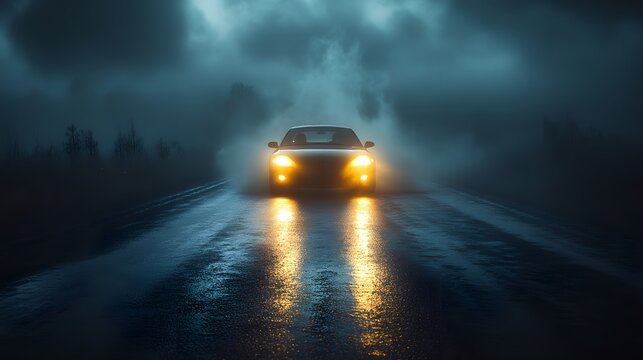 A lone car swerves on a dark, wet road under stormy skies with headlights illuminating rain-slicked pavement &mdash; dramatic DUI scene emphasizing danger and recklessness in low visibility conditions.