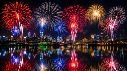 Obraz premium Spectacular Colorful Fireworks Display Over City Skyline Reflecting on River at Night for New Year Eve Independence Day Fourth of July Diwali and National Holiday Celebration Background Banner and Fes